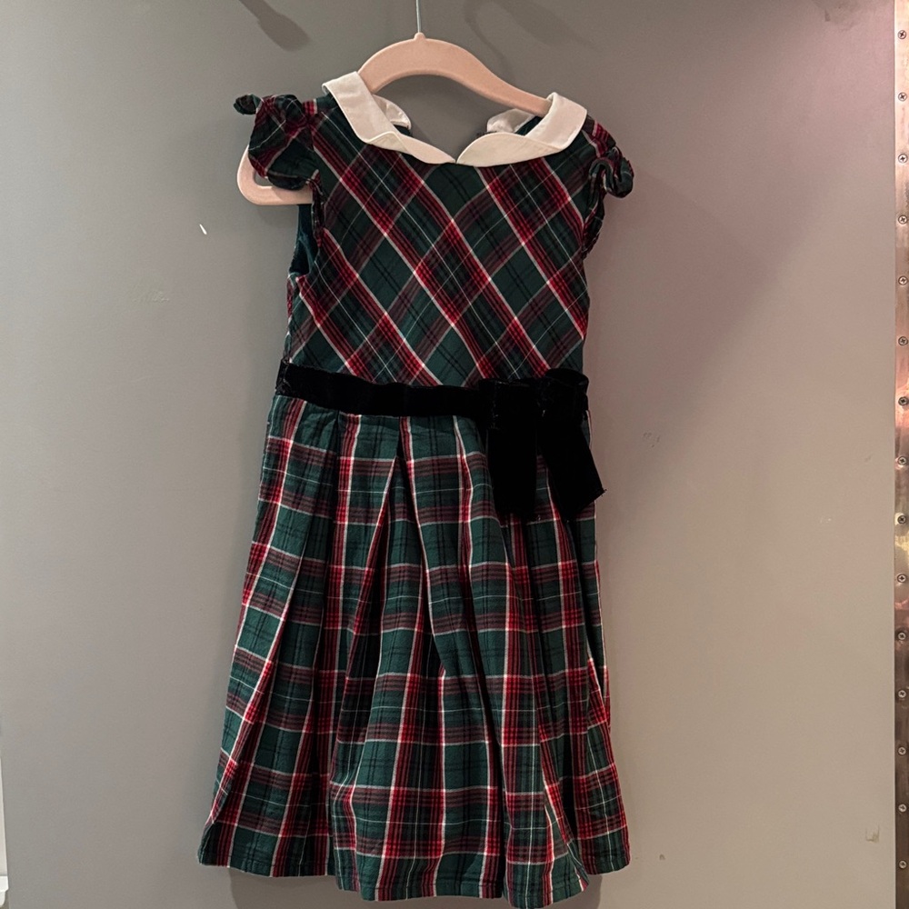 Girls Green and Red Plaid Holiday Dress with Velvet Bow